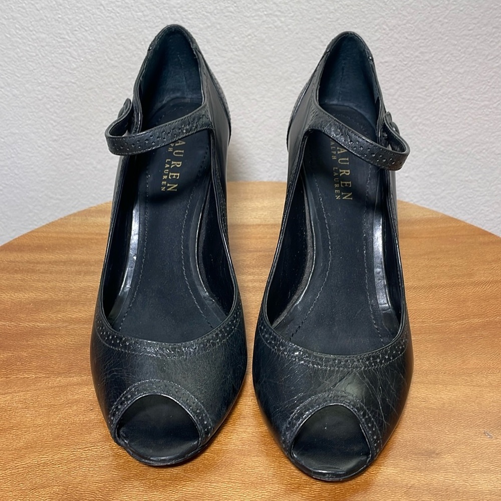 Lauren Ralph Lauren Black Leather Mary Jane Heels Pumps Peep Toe Size 7B